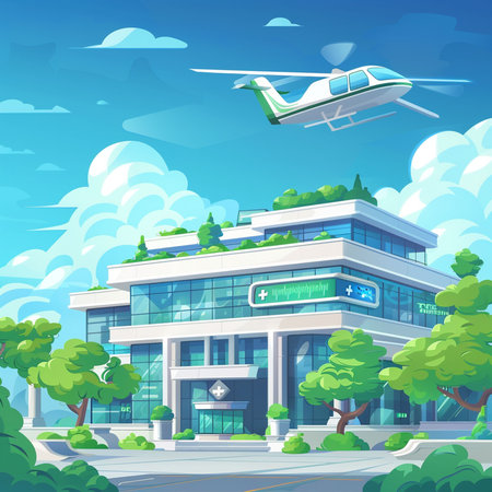 Airport building with helicopter flying above it. Cartoon vector illustration.の素材