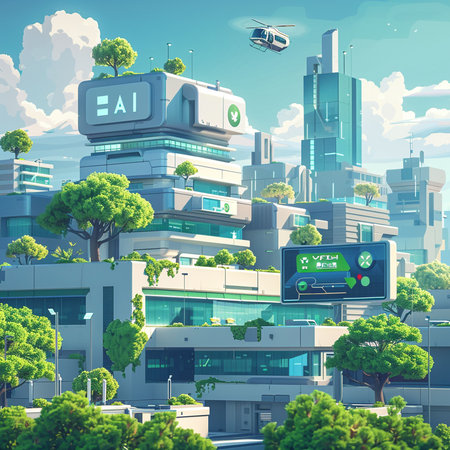Modern city landscape with skyscrapers and green trees. Vector illustration.の素材