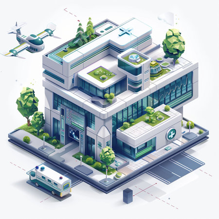 Modern hospital building isometric composition with ambulance and helicopter isolated vector illustrationの素材