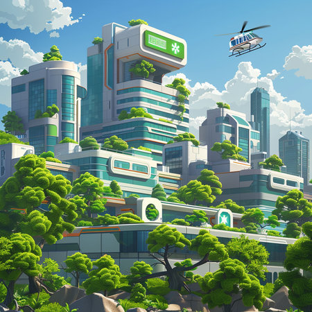 Modern cityscape with skyscrapers and green trees. Vector illustrationの素材