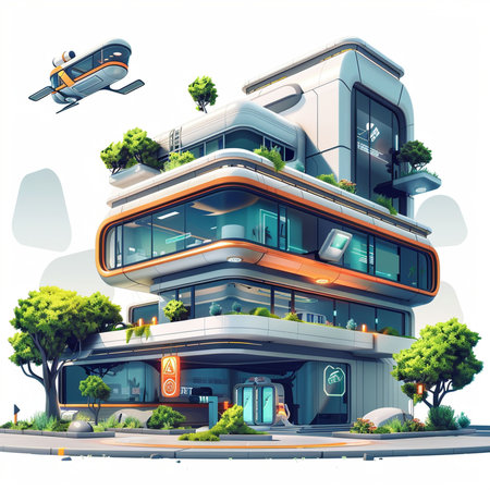 Vector illustration of a modern office building on a background of green treesの素材