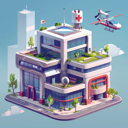 Vector isometric illustration of a modern office building with flying helicopter.の素材