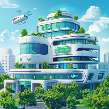 Modern office building with skyscrapers and flying drone. Vector illustrationの素材
