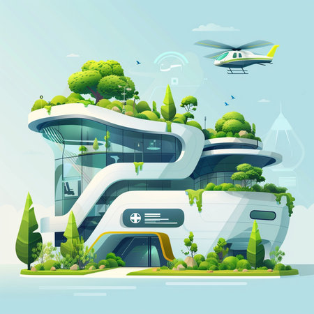 Vector illustration of urban landscape with modern building and flying helicopter on backgroundの素材