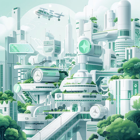 Modern city with skyscrapers and modern transport. Vector illustration.の素材
