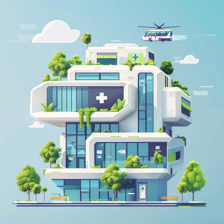 Modern hospital building with green trees and helicopter. Vector flat illustration.の素材