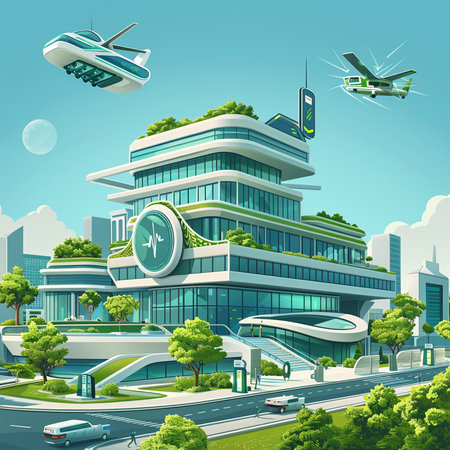 Airplane flying over modern building. Vector illustration of urban landscape.の素材