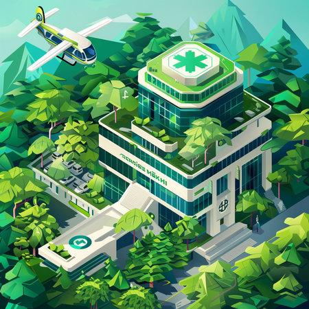 Hospital building with helicopter on the background of mountains. Vector illustration.の素材