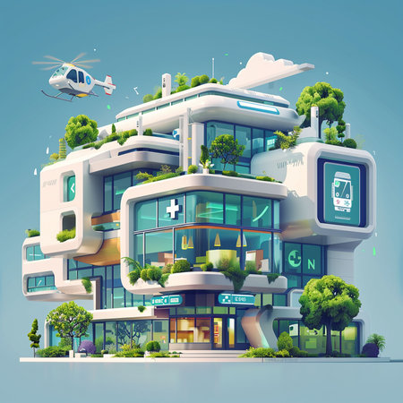 Modern building with green garden and helicopter flying above it. Vector illustration.の素材