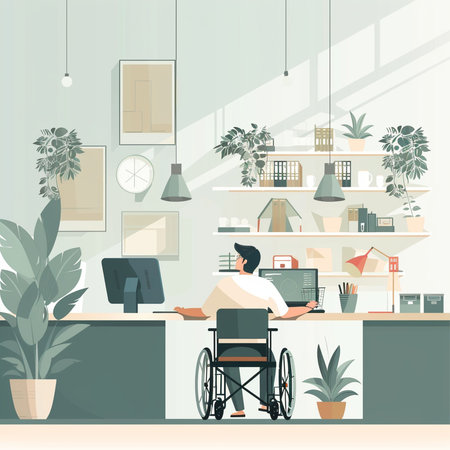 Disabled man in wheelchair working in the office. Vector illustration.の素材