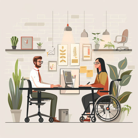 Man and woman in wheelchair working at office. Vector illustration in flat styleの素材