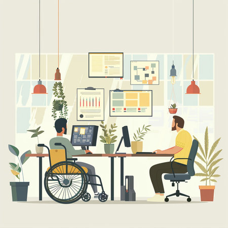 Disabled man in wheelchair working in office. Flat vector illustration.の素材