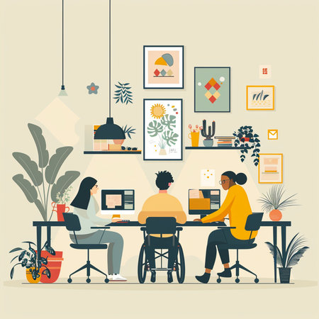 People in wheelchair working at home office. Flat design vector illustration.の素材