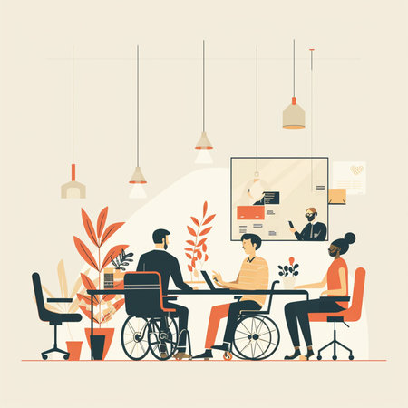 Vector illustration of a group of people in a wheelchair working at the officeの素材