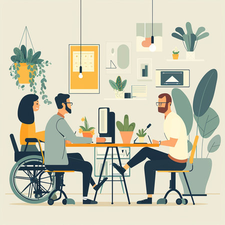 People in a wheelchair working in the office. Flat vector illustration.の素材