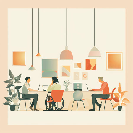 People working in office. Vector illustration in flat style. Workplace with computers and people.の素材