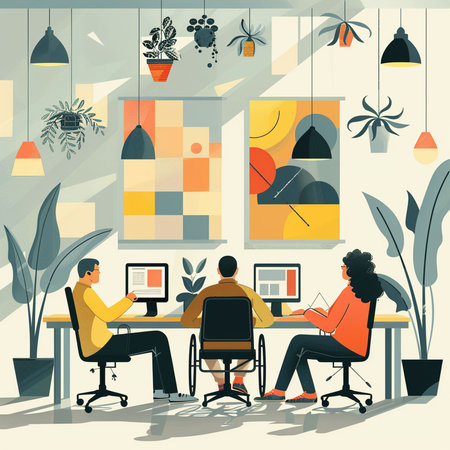 Business people working in office, flat vector illustration. Teamwork, meeting, brainstorming.の素材