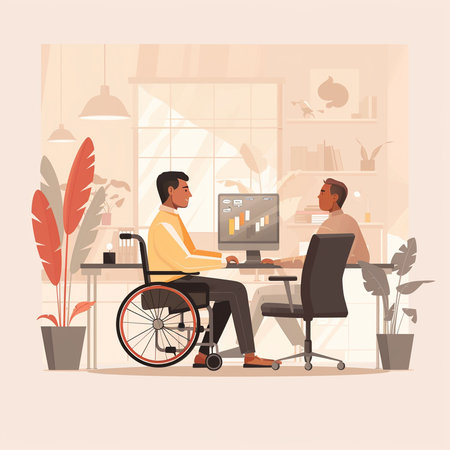 Disabled man in wheelchair working on computer. Vector illustration in flat styleの素材