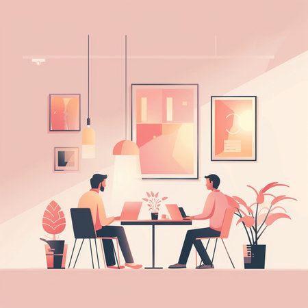 Interior of contemporary art gallery. Man and woman sitting at table and working on new artwork. Vector illustrationの素材