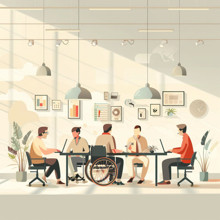 People working in coworking office. Vector illustration in flat style.の素材