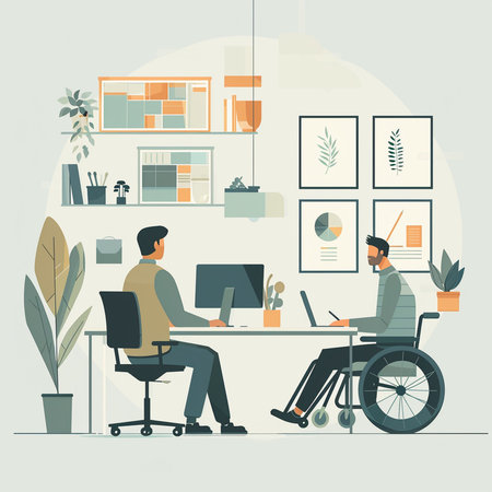 Disabled man in wheelchair working at the office. Vector illustration.の素材