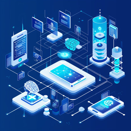 Isometric cloud computing technology concept. Smartphone, mobile phone and internet of things icons on blue background.の素材