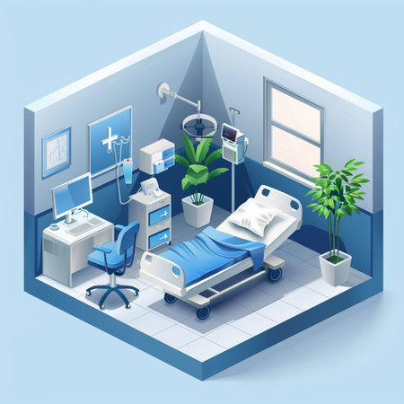 Hospital room isometric composition with bed and bedside table vector illustrationの素材