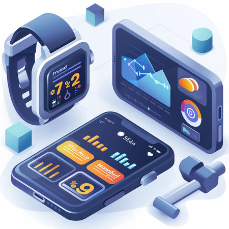 Isometric smartwatch, mobile phone, fitness tracker and dumbbell.の素材