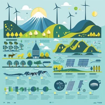 Ecology flat infographic elements and icons vector illustration. Renewable energy.の素材