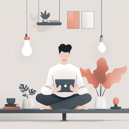 Man meditating at home with laptop. Vector illustration in flat styleの素材