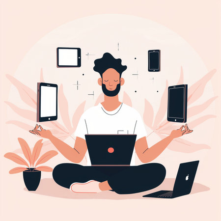 Vector illustration of a man sitting in lotus position with laptop and mobile phoneの素材