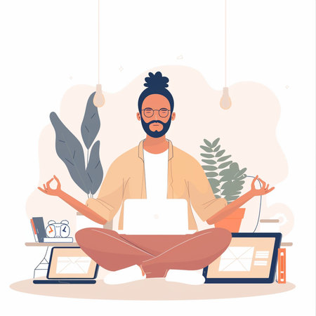 Man meditating in lotus pose at home. Flat vector illustration.の素材