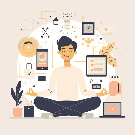 Man meditating in lotus position. Vector illustration in flat styleの素材