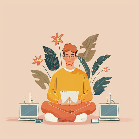 Young man sitting in lotus position and using tablet. Vector illustrationの素材
