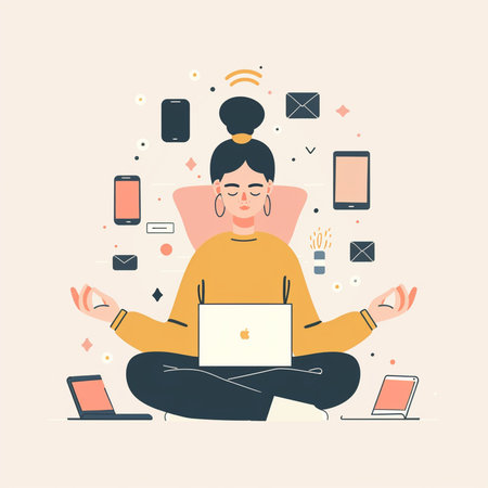 Woman meditating with laptop and mobile phone. Vector illustration in flat style.の素材
