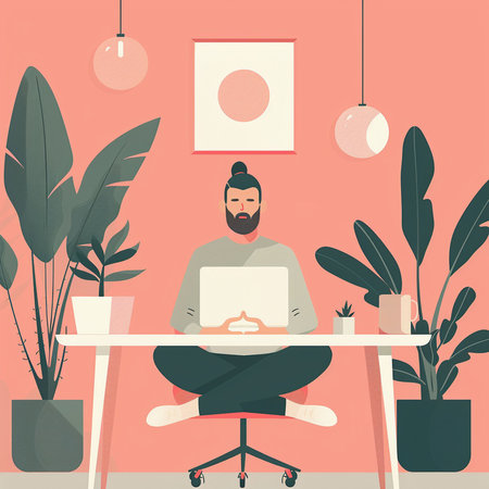 Man working on laptop at home office. Vector illustration in flat styleの素材