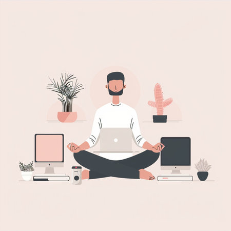 Man meditating in lotus pose with laptop and computer. Vector illustrationの素材