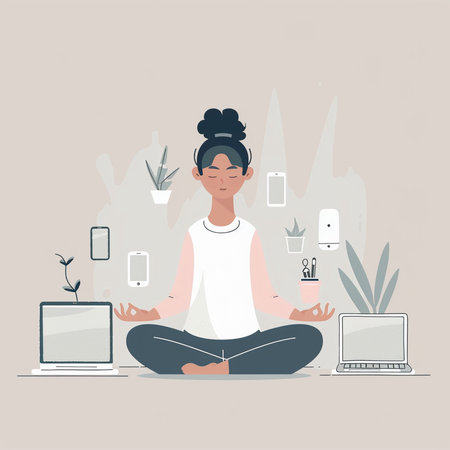 Young woman meditating in lotus position with laptop and mobile phone. Vector illustration.の素材