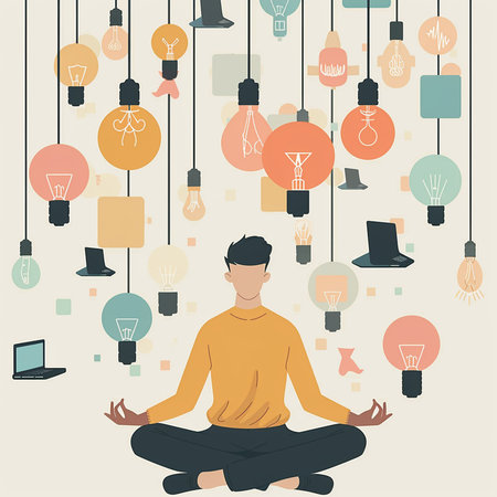Man meditating in lotus pose with lightbulbs. Vector illustration.の素材