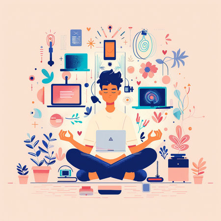 Vector illustration of a woman sitting on the floor and meditating with laptop. Flat style design.の素材