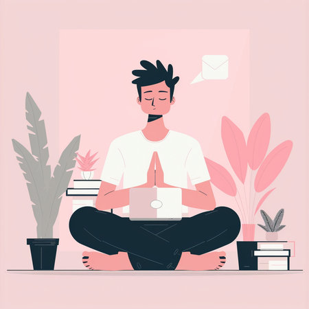 Man meditating in lotus pose with laptop. Vector illustration.の素材