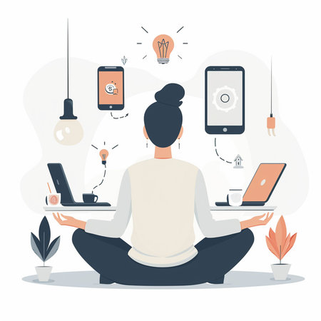 Woman meditating in lotus position with laptop, smartphone and tablet. Vector illustrationの素材