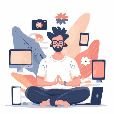 Man meditating at home in lotus position, sitting in lotus position with smartphone and tablet computer, vector illustrationの素材