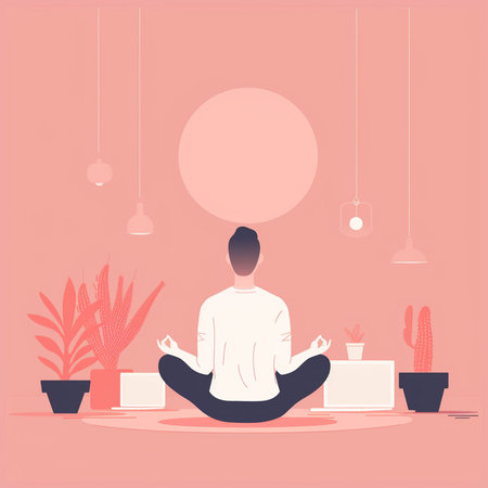 Man meditating in lotus pose at home. Vector illustration.の素材