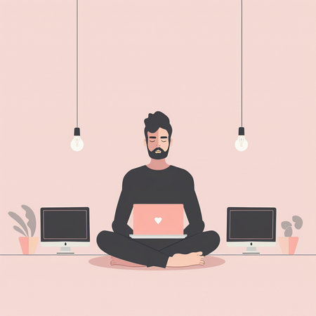 Man sitting in lotus position and working on laptop. Vector illustrationの素材