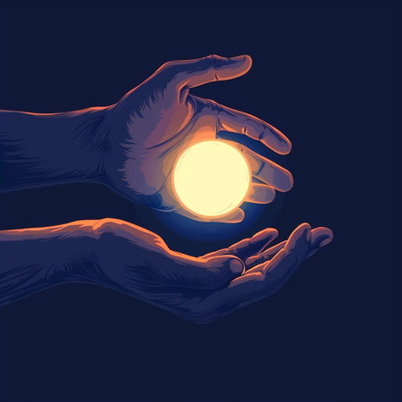 Illustration of a hand holding a glowing moon in a dark backgroundの素材
