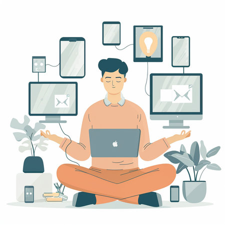 Man meditating in lotus position with laptop and tablet. Vector illustration in flat style.の素材