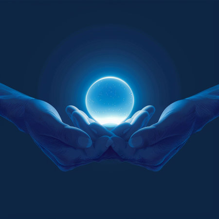 Hands holding moon in the dark blue background. Vector illustration.の素材