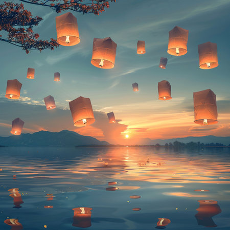 Floating lanterns in the sky at sunset,Thailand.の素材
