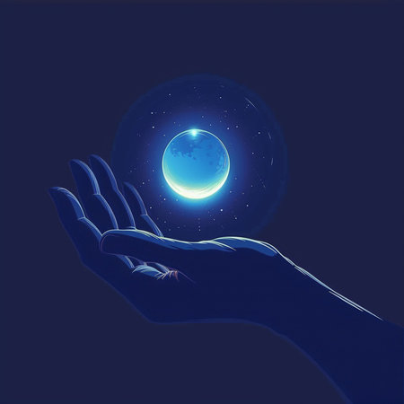 Hand holding moon and stars on a blue background. Vector illustration.の素材